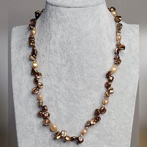 Stunning Copper Baroque and Champagne Round Pearl Necklace